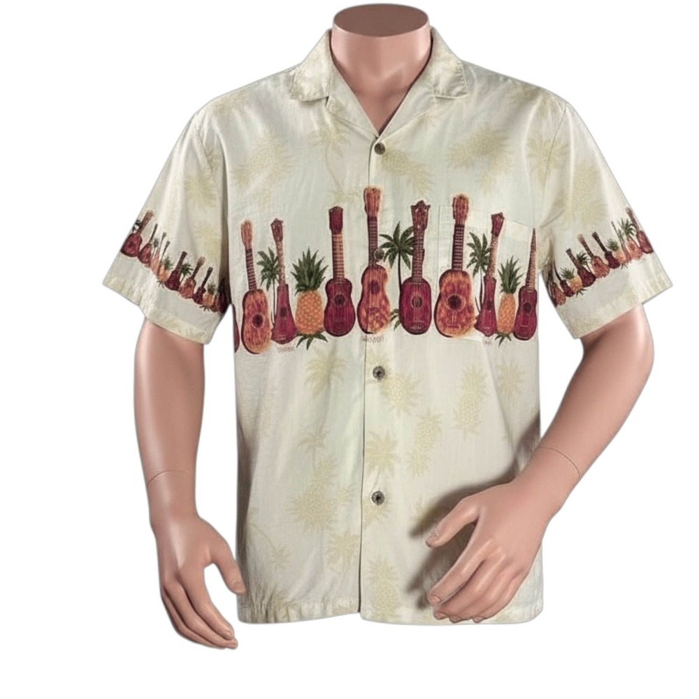 Royal Hawaiian Creations Hawaiian Aloha Shirt‎ XL Guitars Pineapples Pale Yellow